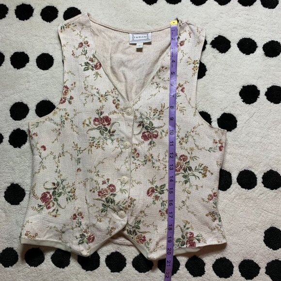 Vintage 90s Vest Medium Cream Linen Flax Rose Floral Button Front Back Tie - Picture 11 of 11